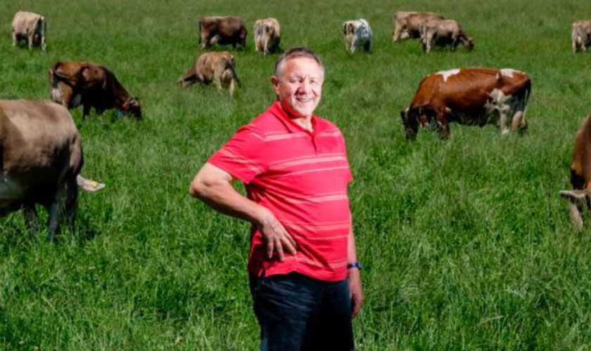 Ein Bauer steht auf einer Wiese mit Kühen.